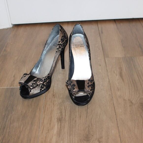 Stuart Weitzman Black & Brown Lace Peep Toe Pumps Heels Women's Size 8.5 - Picture 10 of 13